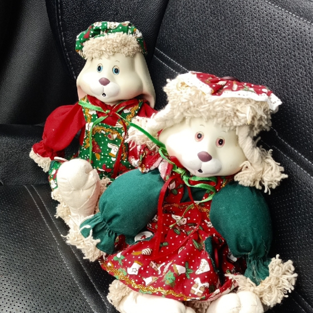 Festive Holiday Bear Dolls in Red and Green Outfits